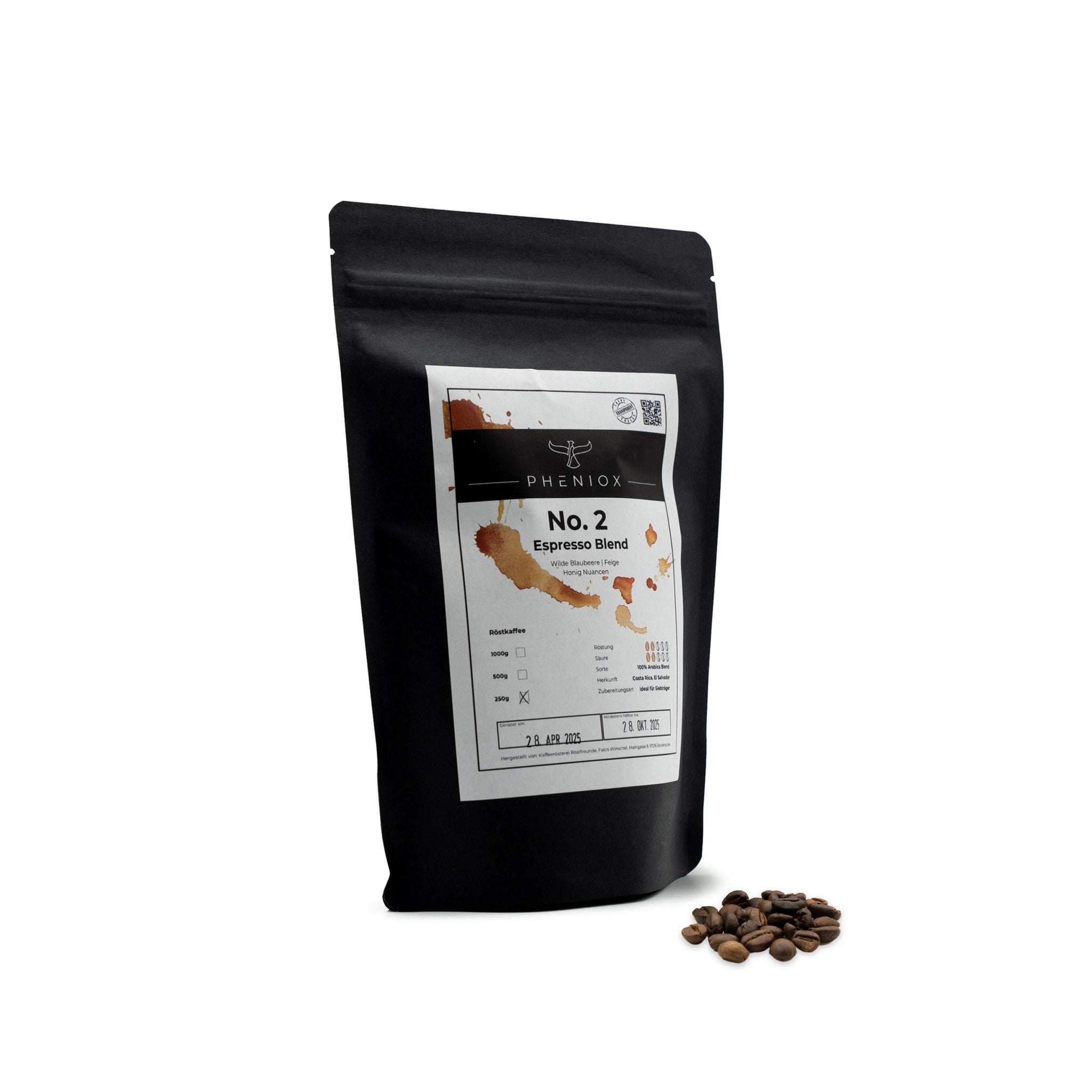 PHENIOX Kaffeebohnen Espressoblend No. 1 steht vor weißem Hintergrund. Ein kleiner Haufen Kaffeebohnen liegt daneben.